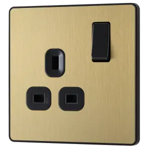 British General Brass effect Single 13A Gold Switched socket & Black inserts