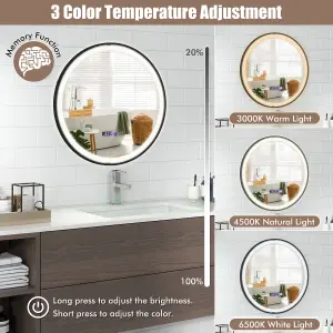 Costway 60 x 60 CM Lighted Bathroom Mirror High-Definition Shatter-Proof Mirror with 3 Color LED Light