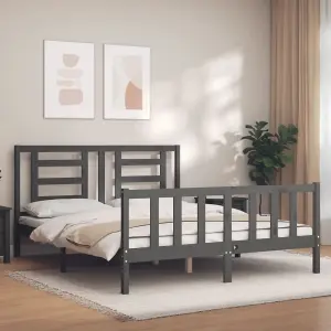 Berkfield Bed Frame with Headboard Grey King Size Solid Wood