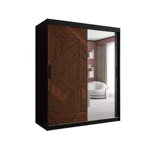 Modern Marsylia II Sliding Door Wardrobe W1500mm H2000mm D620mm - Black & Dark Walnut, Mirrored Door, Ample Storage