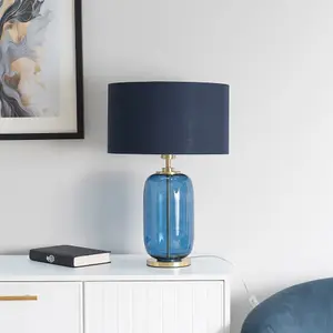 ValueLights Leigh Navy Blue Glass and Gold Detail Table Lamp with Drum Shade Light - LED Bulb Included