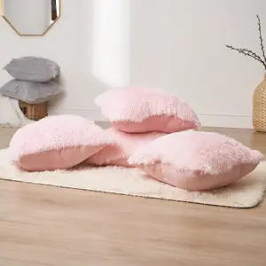 Set of 4 Fluffy Shaggy Filled Cushion with Cover Square