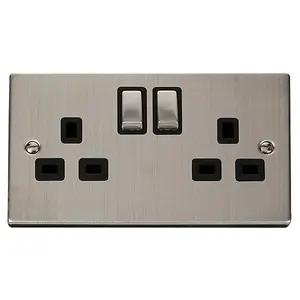 Stainless Steel 2 Gang 13A DP Ingot Twin Double Switched Plug Socket - Black Trim - SE Home