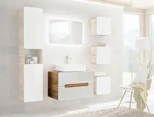 Countertop 800mm Vanity Unit with Basin Wall Bathroom Cabinet with Drawers White Gloss Oak Arub