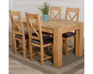 Kuba 150 x 85 cm Chunky Medium Oak Dining Table and 4 Chairs Dining Set with Berkeley Brown Leather Chairs