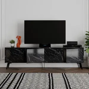 Decortie Dune Modern TV Unit Multimedia Centre with Storage Stylish TV Cabinet 65" TVs Black Marble Effect 180cm