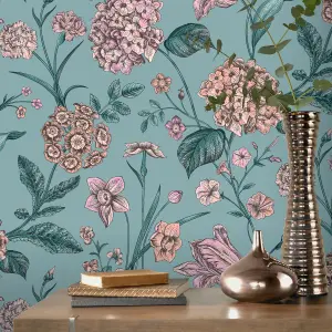 Rasch Hydrangea Garden Flowers Teal Green Floral Wallpaper 260155