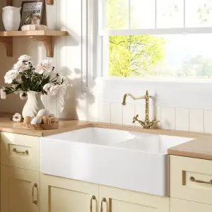 Fireclay Kitchen Bundle - Double Bowl Butler Sink, 2 x Wastes & French Classic Tap, 895mm - Brushed Brass - Balterley