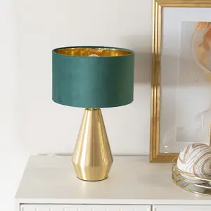 ValueLights Jax Gold Dimmable Touch Table Lamp with Forest Green Velvet with Gold Inner Lamp Shade