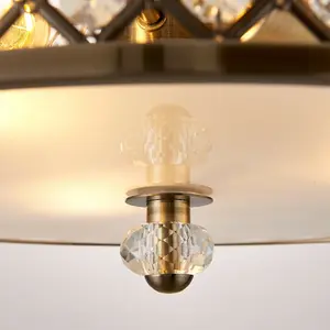 Flush Ceiling Mounted Light Antique Brass & Crystal Lamp Bulb Holder Round Shade