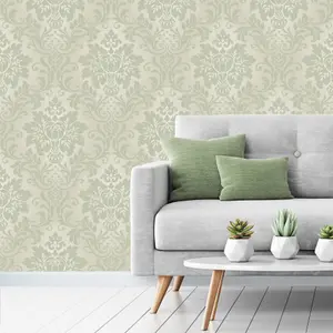 Grandeco Fabric Effect Distressed Damask Wallpaper, Sage Green