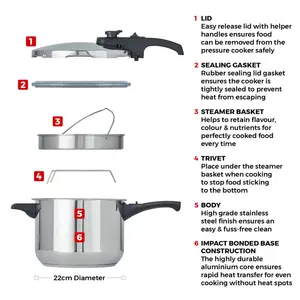 Tower T80244 Pressure Cooker with Steamer Basket, Stainless Steel, 6 Litre , Silver 6 L