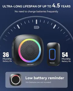 TECKNET Battery Powered RGB Wireless Doorbell, IP66 Waterproof, 400m Range, 60 Chimes,5 Level Volume