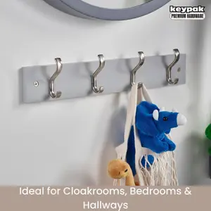 keypak Wall-Mounted Coat Rack - 4 Hooks on Modern Wooden Base for Wall & Door - 38cm (Satin Nickel/Dove Grey)