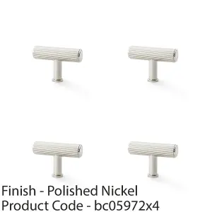 4 PACK - Reeded T Bar Cupboard Door Knob - 55mm x 38mm Polished Nickel Lined Pull Handle