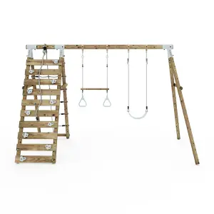 Limited Edition Rebo Wooden Double Swing Set with Up and Over Climbing Wall - Savannah - Pastel Green