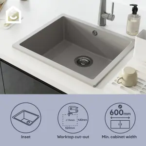 GoodHome Sorrel Grey Composite quartz 1 Bowl Kitchen sink 550mm x 460mm