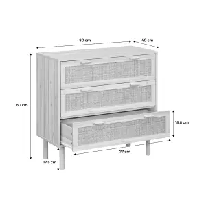 sweeek. 3-drawer chest with cane and wooden effect Camargue Natural 80x40x80 cm