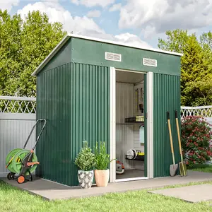 6 x 4 ft Pent Metal Garden Storage Shed Outdoor Storage Tool Shed with Base, Dark Green