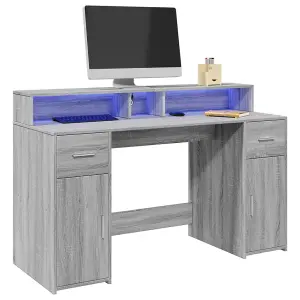 Berkfield Desk with LED Lights Grey Sonoma 140x55x91 cm Engineered Wood