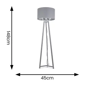 ValueLights Lottie Grey Wood Tripod Floor Lamp with Grey/Chrome Drum Shade - LED Bulb Included