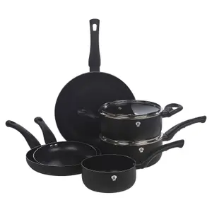 BLAUMANN 8 Pcs Matt Black Colour Cookware Set Cooking Pots Pans With Soft Touch Handles Glass Lids