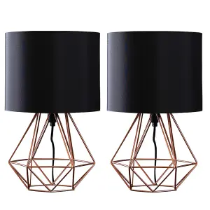 ValueLights Angus Pair of Modern Copper Metal Basket Cage Table Lamps with Black Fabric Shades