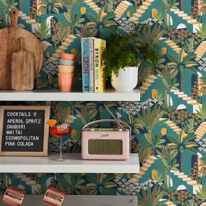 Envy Vacay Tropical Night Green Floral Wallpaper