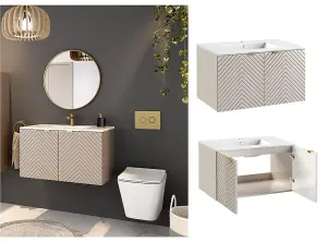 Bathroom Vanity Unit 800mm Sink Basin Modern Wall Hung Cabinet Ribbed Cashmere Beige Cara