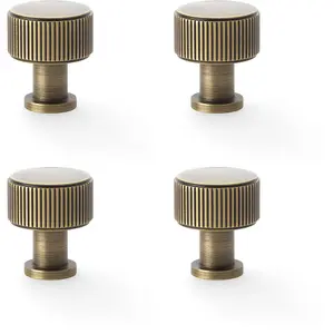 4 PACK - Round Reeded Door Knob - 29mm Diameter Antique Brass Lined Cupboard Pull Handle