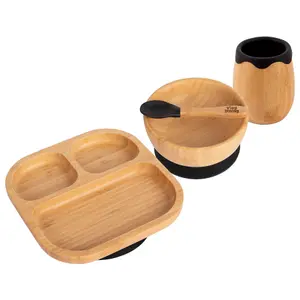 Tiny Dining - Divided Bamboo Suction Baby Feeding Set - Black - 4pc