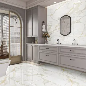 Genesis Statuario Marble Effect Polished Rectified 600mm x 600mm Porcelain Wall & Floor Tiles (Pack of 4 w/ Coverage of 1.44m2)