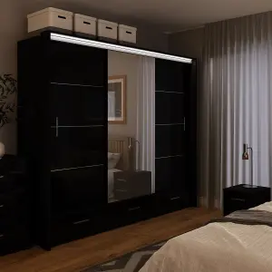 Sliding Door Wardrobe MARSYLIA 255cm Black Gloss