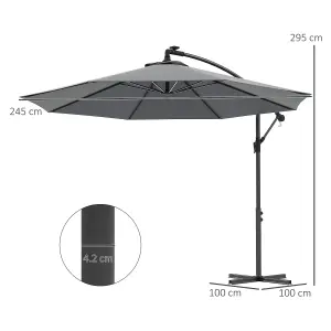 Outsunny 3(m) LED Patio Banana Umbrella Cantilever Parasol w/ Crank, Grey