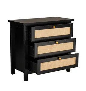 Hallowood Furniture Newquay Black Chest with 3 Drawer and Real Rattan Front