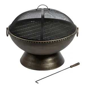 Teamson Home Outdoor Wood Burning Fire Pit, Round Bronze Metal Garden Heater, Log Burner, Includes Lid & Poker - 76 x 76 x 70 (cm)