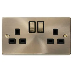 Antique Brass 2 Gang 13A DP Ingot Twin Double Switched Plug Socket - Black Trim - SE Home