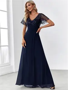 Ever-Pretty Floral Sequin Chiffon Wedding Guest Dress With Sleeves Polyester