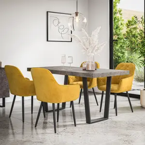 Aria Dining Table And Chairs -  Concrete Effect Table Top w Black Legs + Anika Velvet Dining Chair Set Of 4 (Mustard)