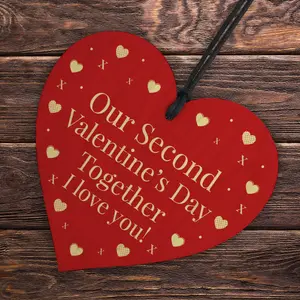 Red Ocean Second 2nd Valentines Day Together Gift For Boyfriend Girlfriend Red Wooden Hanging Heart Sign Novelty Gift For Partner