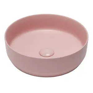 Matt Pink Ceramic Round Countertop Bathroom Wash Basin Sink with Matching Waste