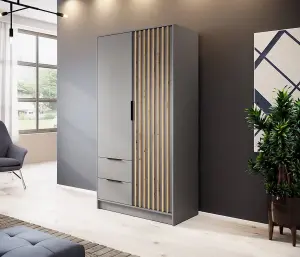 Nelly Contemporary Hinged 2 Door Wardrobe Grey 2 Drawers 4 Shelves 1 Hanging Rail Lamela Decor (H)2000mm (W)1050mm (D)510mm