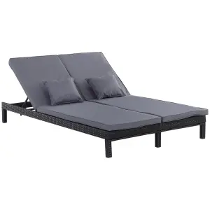 Outsunny 2 Person Rattan Lounger Adjustable Double Chaise Chair w/ Cushion Black