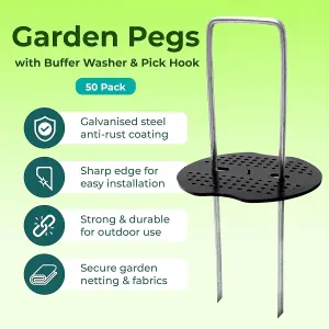 6 Inch Galvanized Weed Membrane Pegs with Buffer Washers - 50 Pack Rustproof Metal Garden Staples for Membranes & Netting