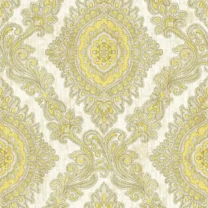 Wallquest Villa Rosa Damask Yellow Wallpaper Floral Classic Acrylic Coated