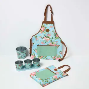 Homescapes Blue and Pink Gardening Apron with Floral Rose Design