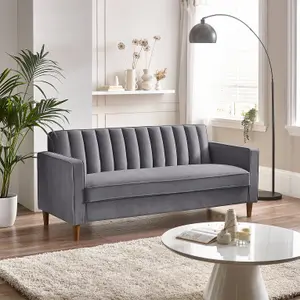 Furniturebox UK Velvet Sofa - 'Kit' 3 Seater Upholstered Grey Fabric Sofa - Vertical Stitching - Modern Living Room Furniture