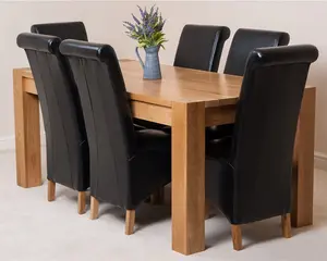 Kuba 180 x 90 cm Chunky Oak Dining Table and 6 Chairs Dining Set with Montana Black Leather Chairs