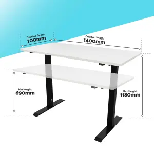 Dellonda White Electric Adjustable Standing Desk, Quiet, Home Office, 1400x700mm