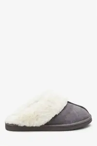 Womens Next Grey Suede Faux Fur Lined Mule Slippers - Grey